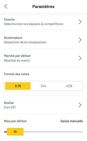 Paramètres du comparateur de cotes Betrepublic