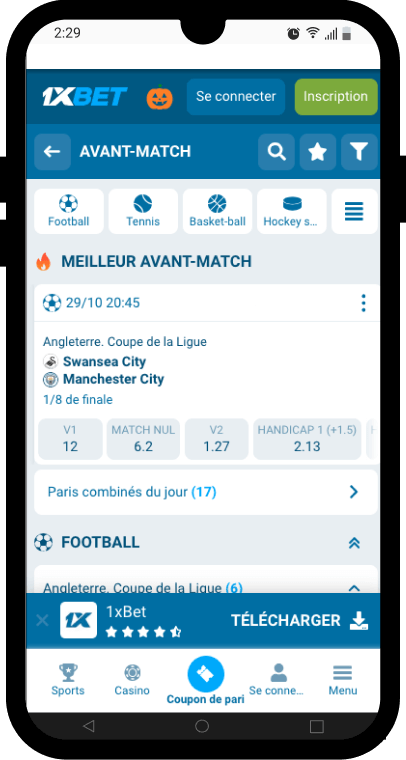 Page d'accueil de l'application apk, version mobile de 1xBet