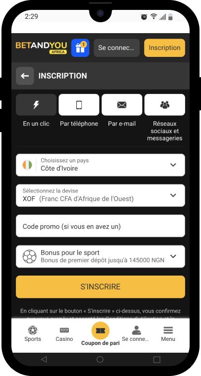 formulaire inscription betandyou africa